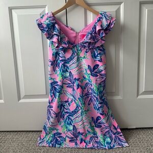 Lilly Pulitzer women’s pink coral reef print romper with ruffle v-neckline